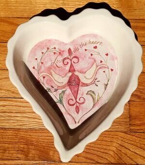 "Love Warms The Heart " Heart shaped ceramic dish, doves and flowers.
